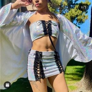 NWOT Custom made 2-Piece top & skirt set in holographic silver/black. Sz Sm/Med